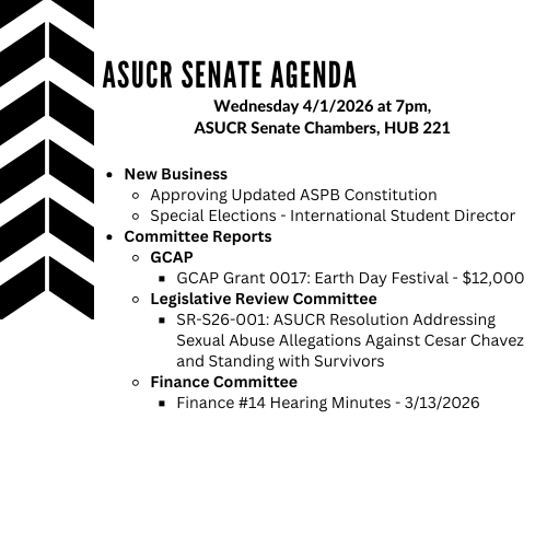 Black and white text graphic with the main senate agenda items in bullet point format
